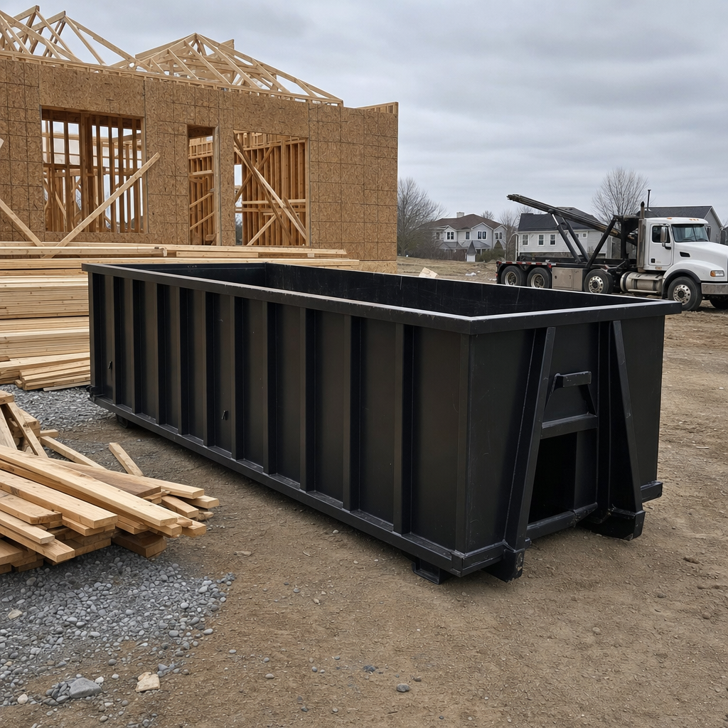 Matte-black 40-yard roll-off dumpster staged on a framed-out residential construction site in Los Lunas, framing lumber stacked nearby, hooklift delivery truck visible in the background under bright Colorado daylight