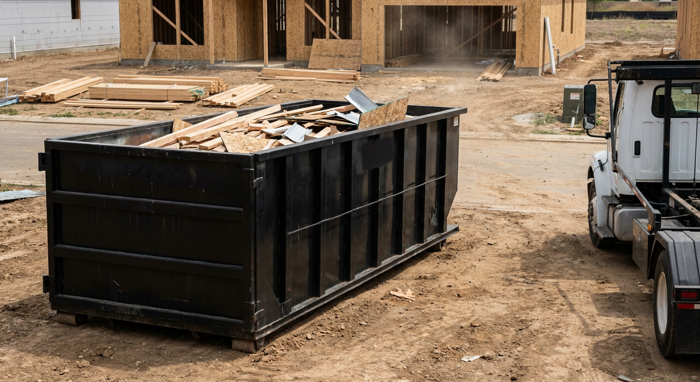 Matte-black 20-yard roll-off construction dumpster with heavy ribbed steel sidewalls and swing rear doors at a working jobsite in Los Lunas, sitting directly on compacted dirt with an unmarked white hauler partially visible at the far edge of the frame.