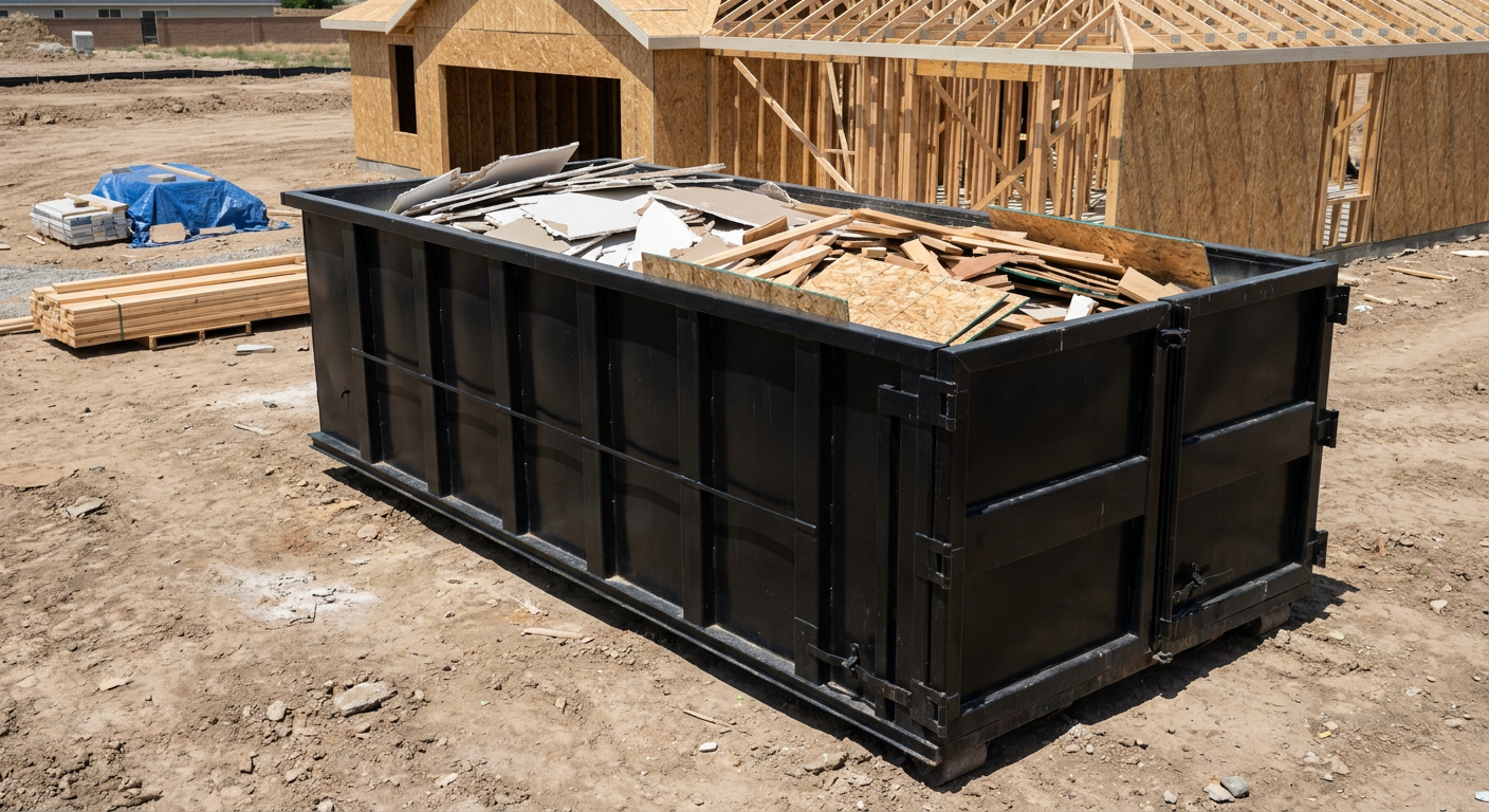 Matte-black 30-yard roll-off construction dumpster sitting directly on the compacted-dirt site of a framed single-family home build in Los Lunas, drywall and lumber scrap loaded inside.