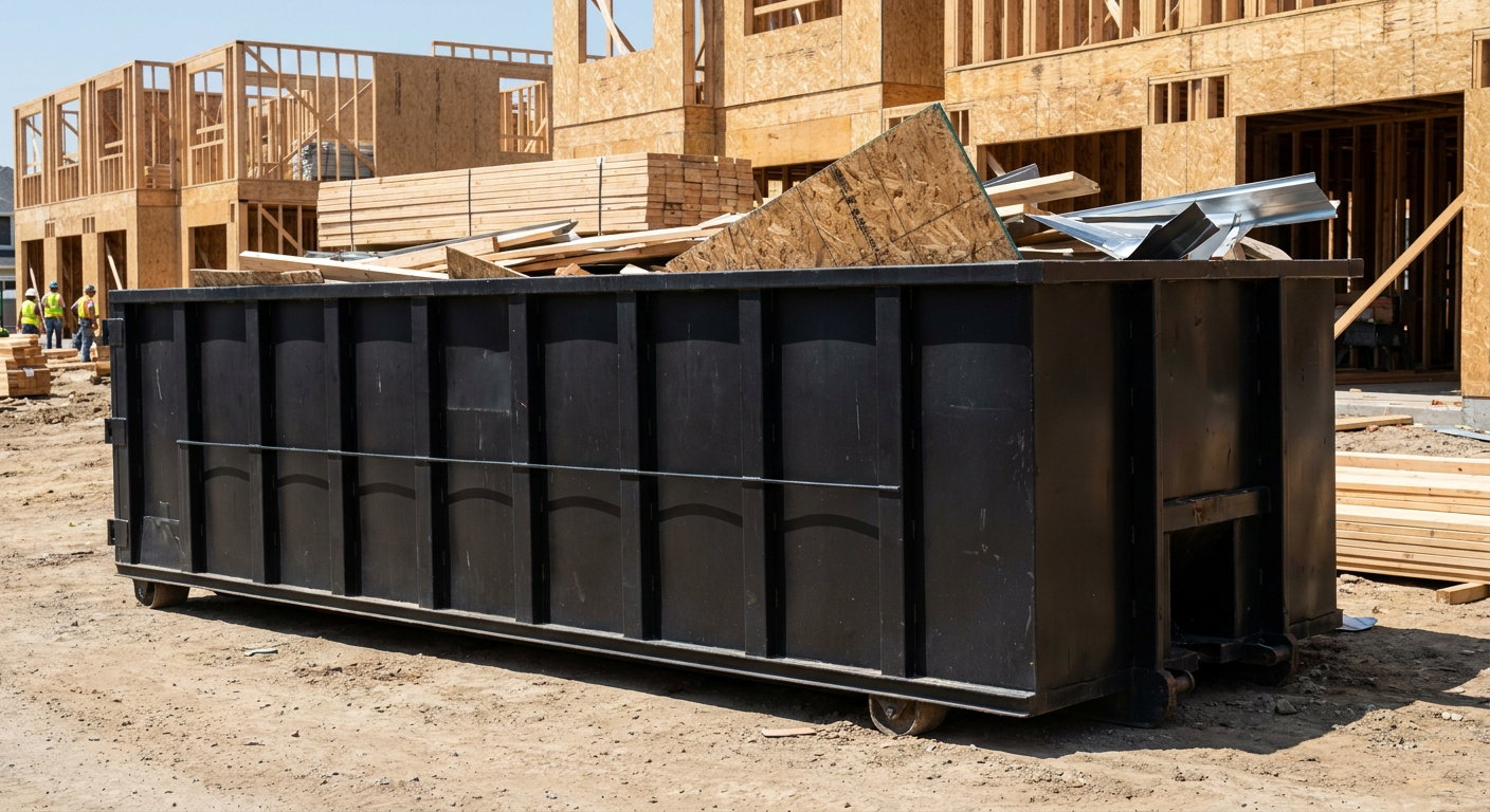 Matte-black 40-yard roll-off construction dumpster being lowered from a white-cab hooklift delivery truck onto the compacted-dirt jobsite at a commercial build site in Los Lunas