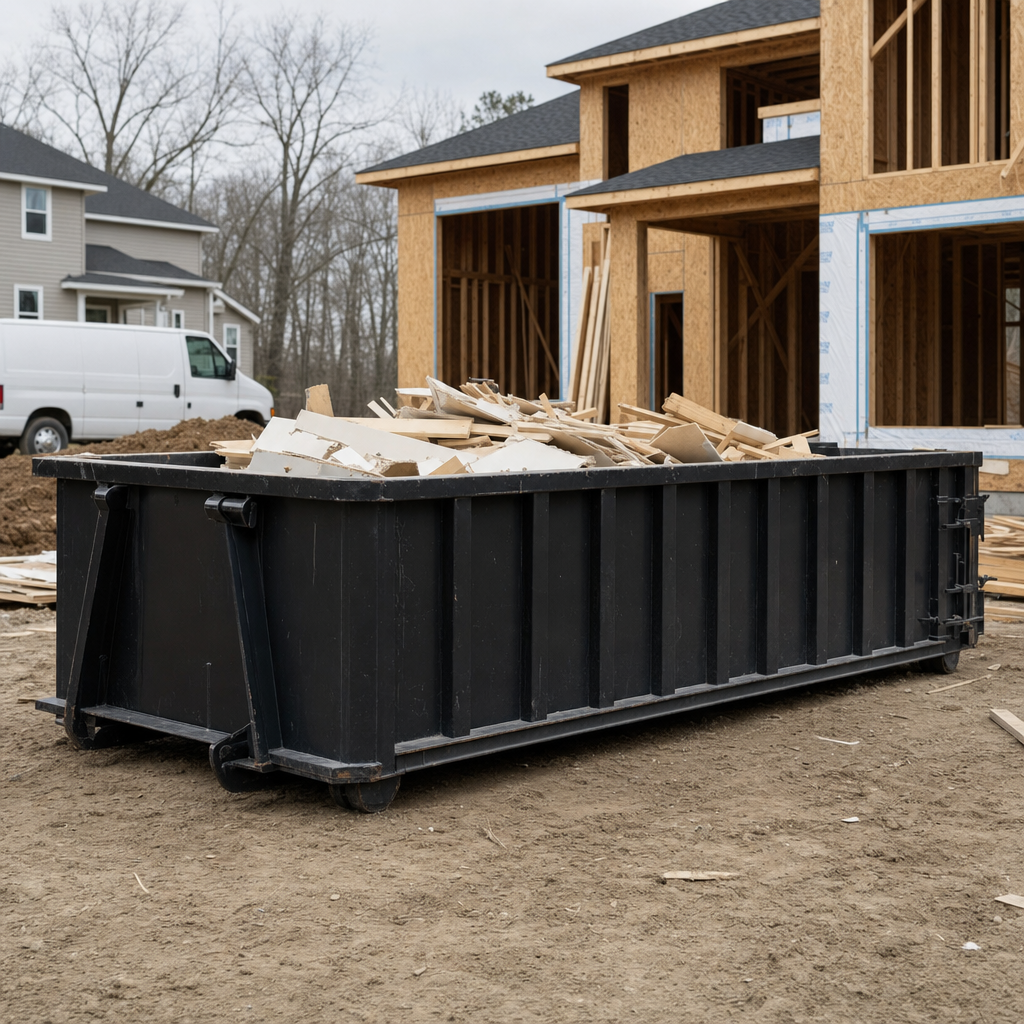 Worker in a yellow high-visibility vest tossing framing lumber and broken drywall into a matte-black 30-yard construction roll-off dumpster on an active build site in Los Lunas, bright daylight