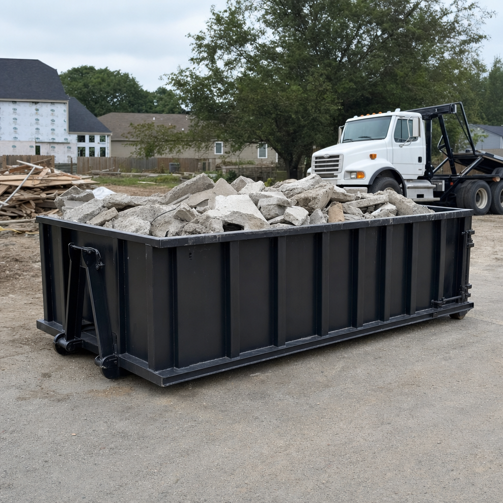 Low-profile matte-black lowboy roll-off dumpster loaded with broken concrete slab and rebar at a foundation tear-out in Los Lunas, skid steer parked beside it, sunny Colorado morning
