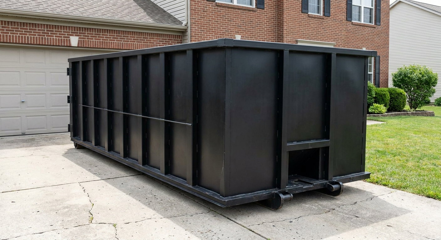 Matte-black 20-yard roll-off container on a Los Lunas residential concrete driveway with reinforced ribbed steel sidewalls and a hinged rear walk-in door, clean bright daylight.