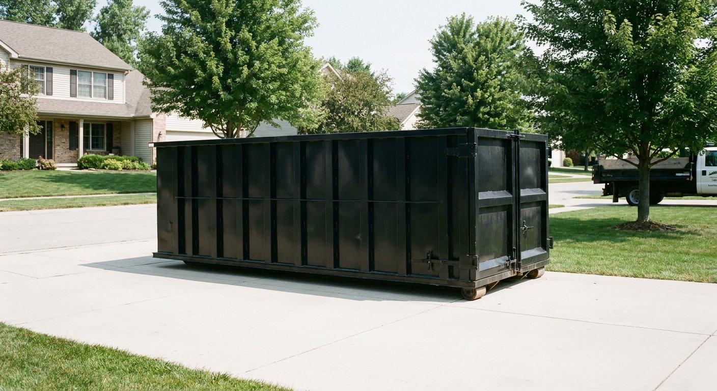 Matte-black 20-yard roll-off dumpster sitting level on a clean Los Lunas residential concrete driveway under bright daylight, demonstrating clean placement directly on the concrete.