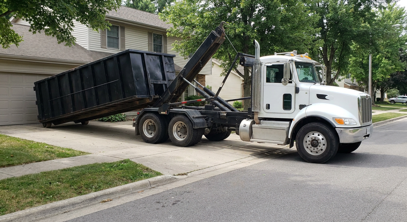 White-cab hooklift roll-off truck actively lowering a matte-black dumpster onto a Los Lunas residential concrete driveway, the dumpster's rear wheels touching the driveway as the hoist arm tilts the bed forward, mid-morning daylight.