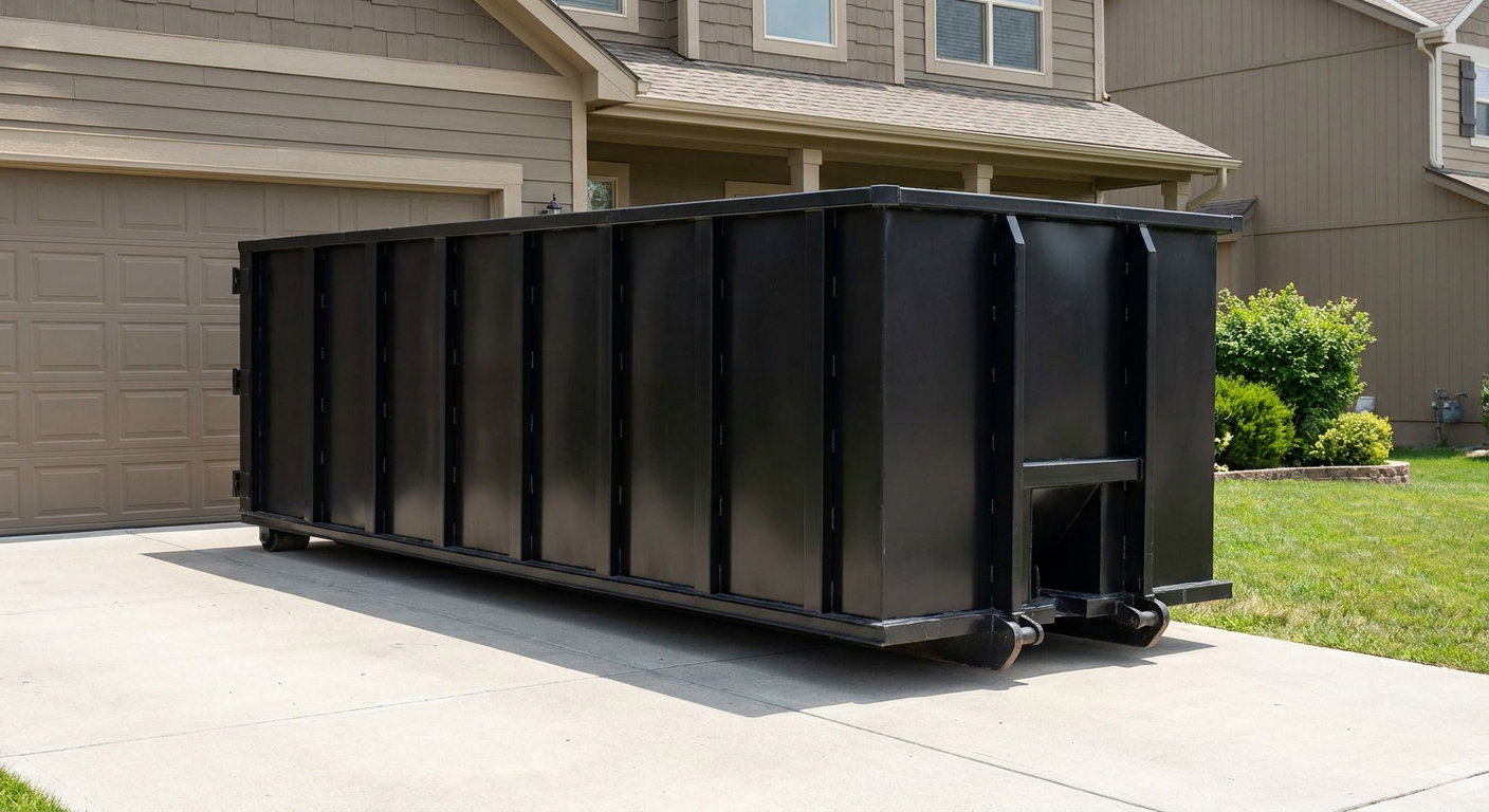 Matte-black residential roll-off dumpster sitting directly on a suburban Los Lunas concrete driveway, garage door closed, single-family home in background, bright morning daylight.