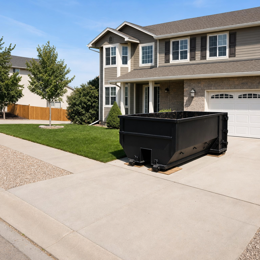 10-yard matte-black residential dumpster placed directly on a narrow Los Lunas concrete driveway, room remains for a parked sedan beside it, mid-morning natural light