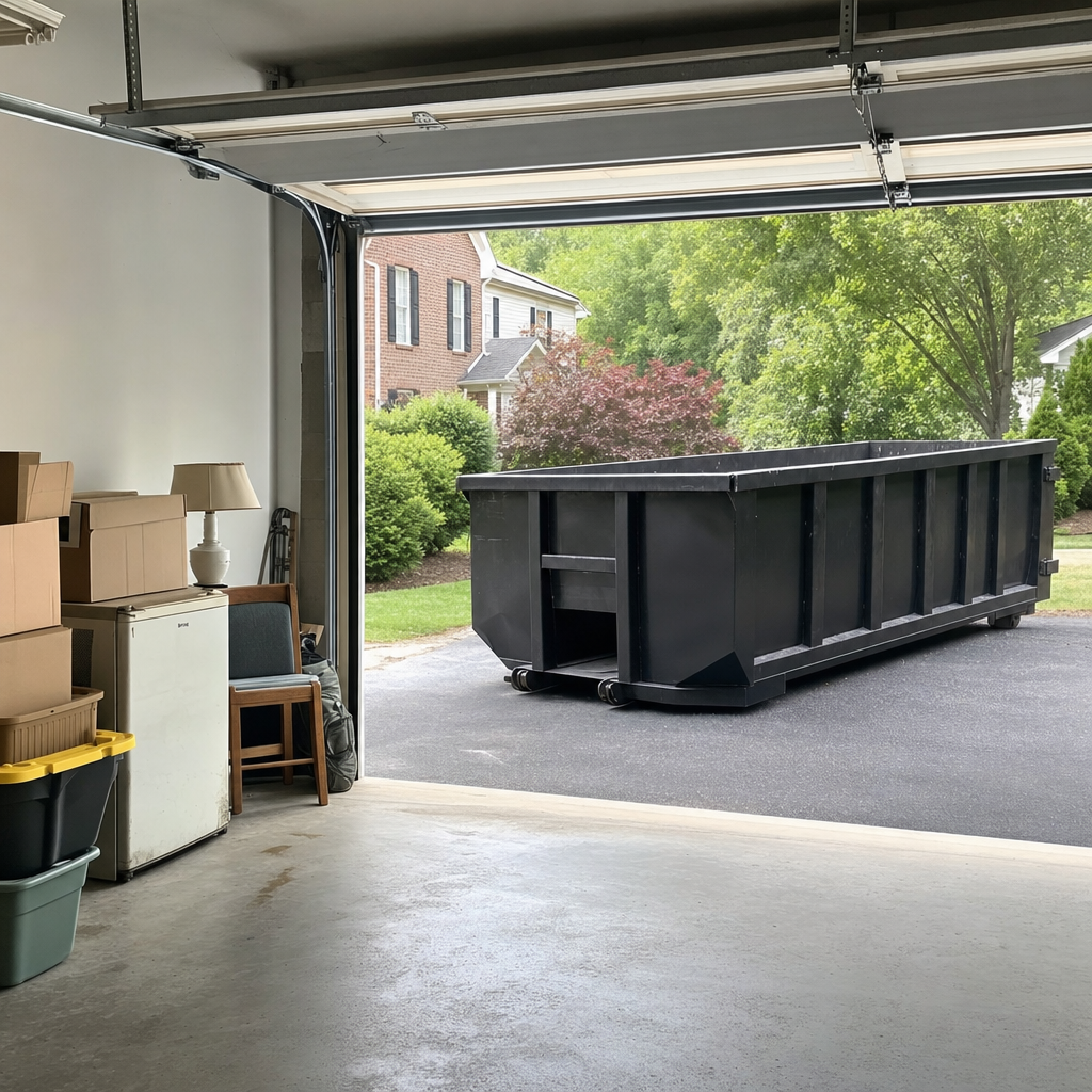 Open garage interior in a Los Lunas home mid-cleanout — boxed items, an old appliance, and stacked yard tools queued near the driveway for a matte-black roll-off dumpster, organized and calm