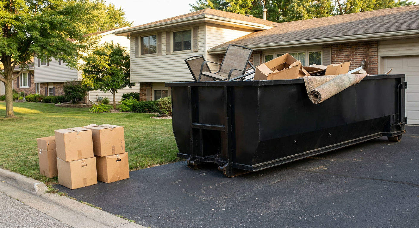 Front-yard view of a Los Lunas split-level home with a 20-yard matte-black roll-off dumpster sitting directly on the asphalt driveway, a few clearly labeled donation boxes staged at the curb, calm sunny afternoon.