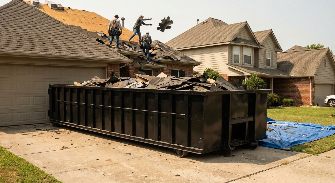 Matte-black roofing roll-off dumpster placed directly on a Los Lunas residential concrete driveway, a tear-off crew on a two-story asphalt-shingle roof tossing shingle bundles into the low-walled container, bright daylight, documentary 35mm perspective.
