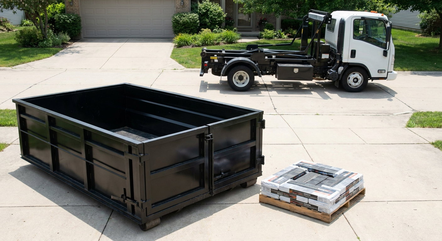 Matte-black 15-yard roofing roll-off dumpster with reinforced low side walls sitting directly on a Los Lunas residential concrete driveway, three-tab asphalt shingle bundles stacked nearby, an unmarked white hauler truck partially visible at the edge of the frame.