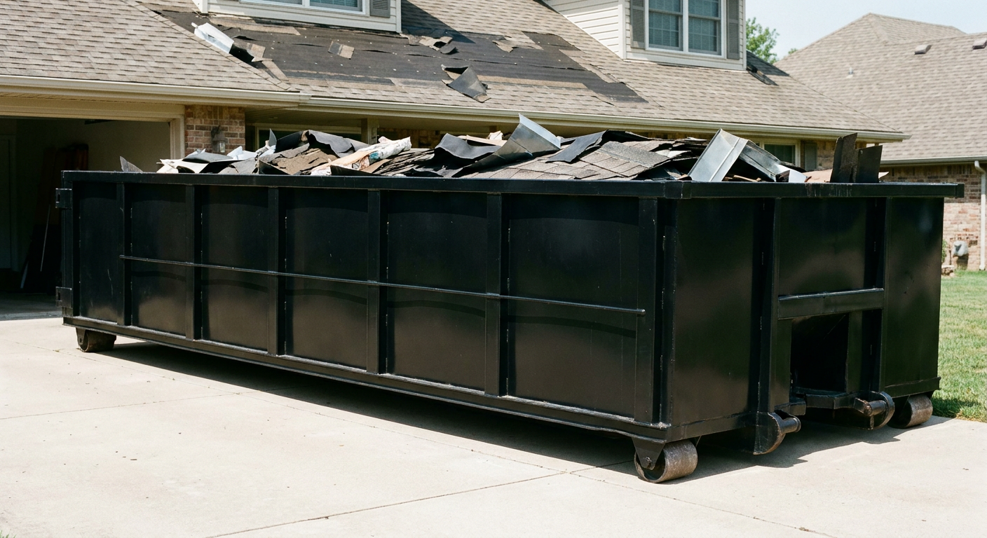 Matte-black 20-yard roofing roll-off dumpster with steel ribbed sides and swinging rear door, sitting directly on the concrete driveway of a two-story Los Lunas home, asphalt shingle debris being loaded over the low wall, clean documentary lighting.