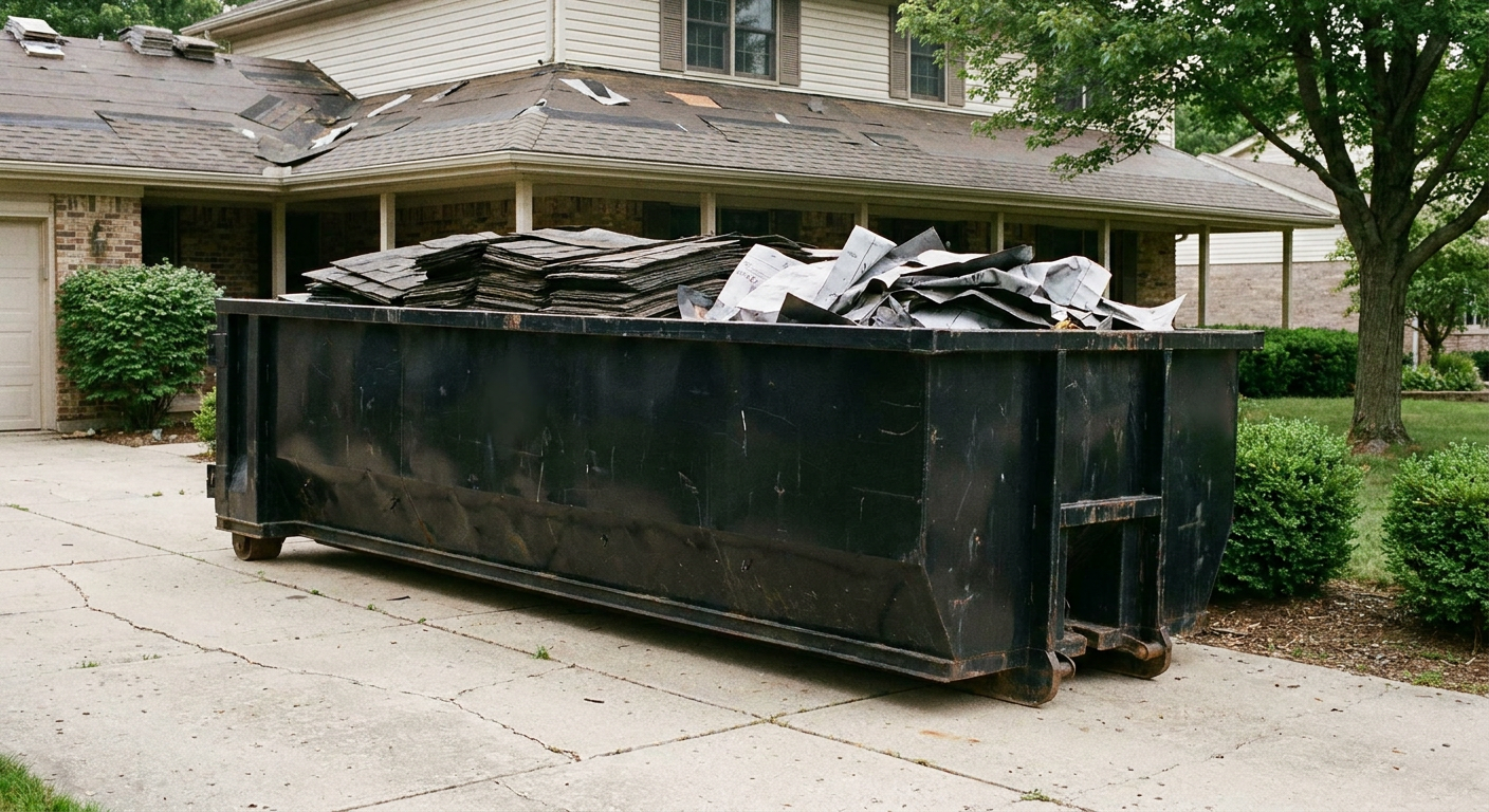 Matte-black 30-yard roofing roll-off dumpster sitting directly on a Los Lunas concrete driveway, taller ribbed steel side panels, mixed tear-off debris of asphalt shingles and underlayment inside, professional documentary daylight.