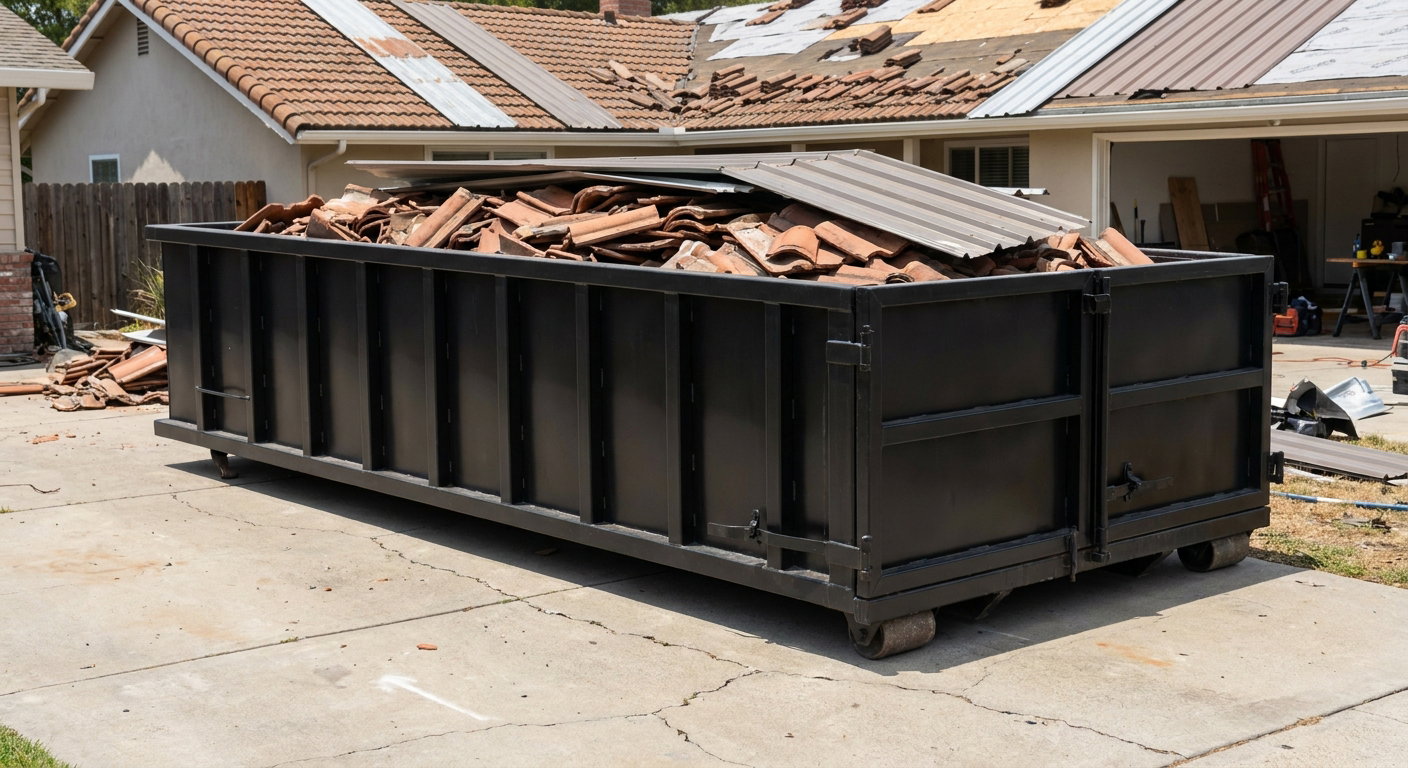 Matte-black low-wall heavy-debris roofing roll-off dumpster sitting directly on a Los Lunas concrete driveway, broken concrete clay roof tiles and metal panel sections loaded inside, reinforced ribbed steel side walls visible, bright outdoor daylight.