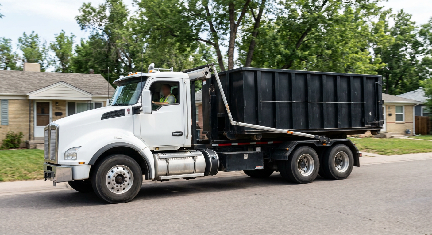A wide documentary shot of a matte-black roll-off delivery truck pulling onto a quiet Los Lunas residential street at mid-morning, with neighborhood rooftops and tree-lined blocks visible behind, showing the metro coverage footprint.