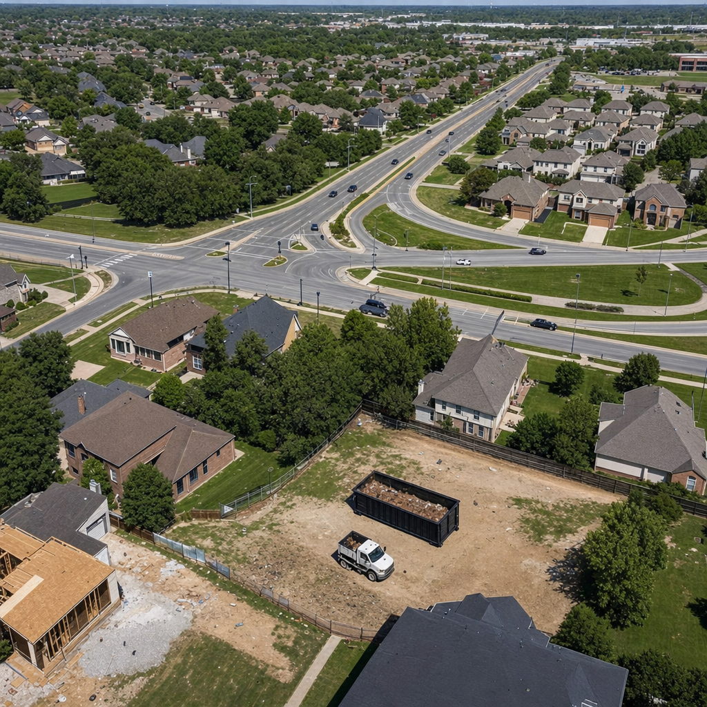 An overhead documentary view of the Los Lunas metro area at midday, showing the spread of neighborhoods, arterial roads, and the dispatch radius from a central yard — clean daylight, organized geographic layout.