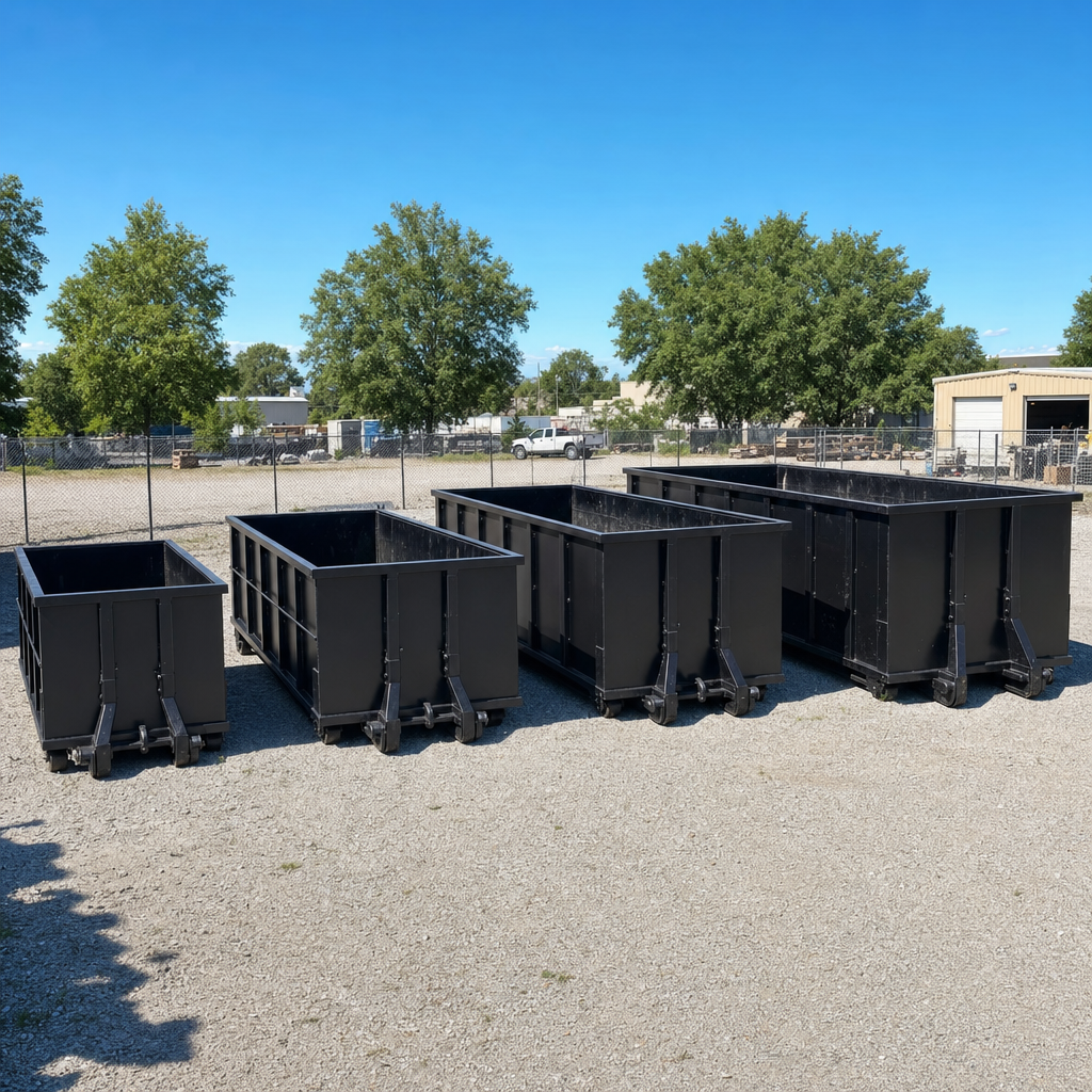 A clean lineup of matte-black roll-off dumpsters in 10, 20, 30, and 40-yard sizes staged on a sunlit gravel yard in Los Lunas, showing the size progression from compact to commercial-scale containers.