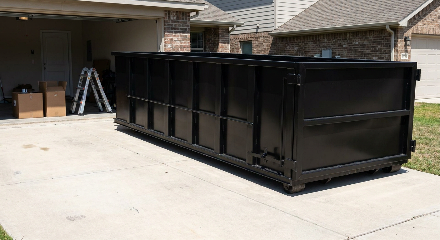 A matte-black 10-yard roll-off dumpster sitting directly on a residential Los Lunas concrete driveway, mid-day sunlight, clean and ready for a garage cleanout.