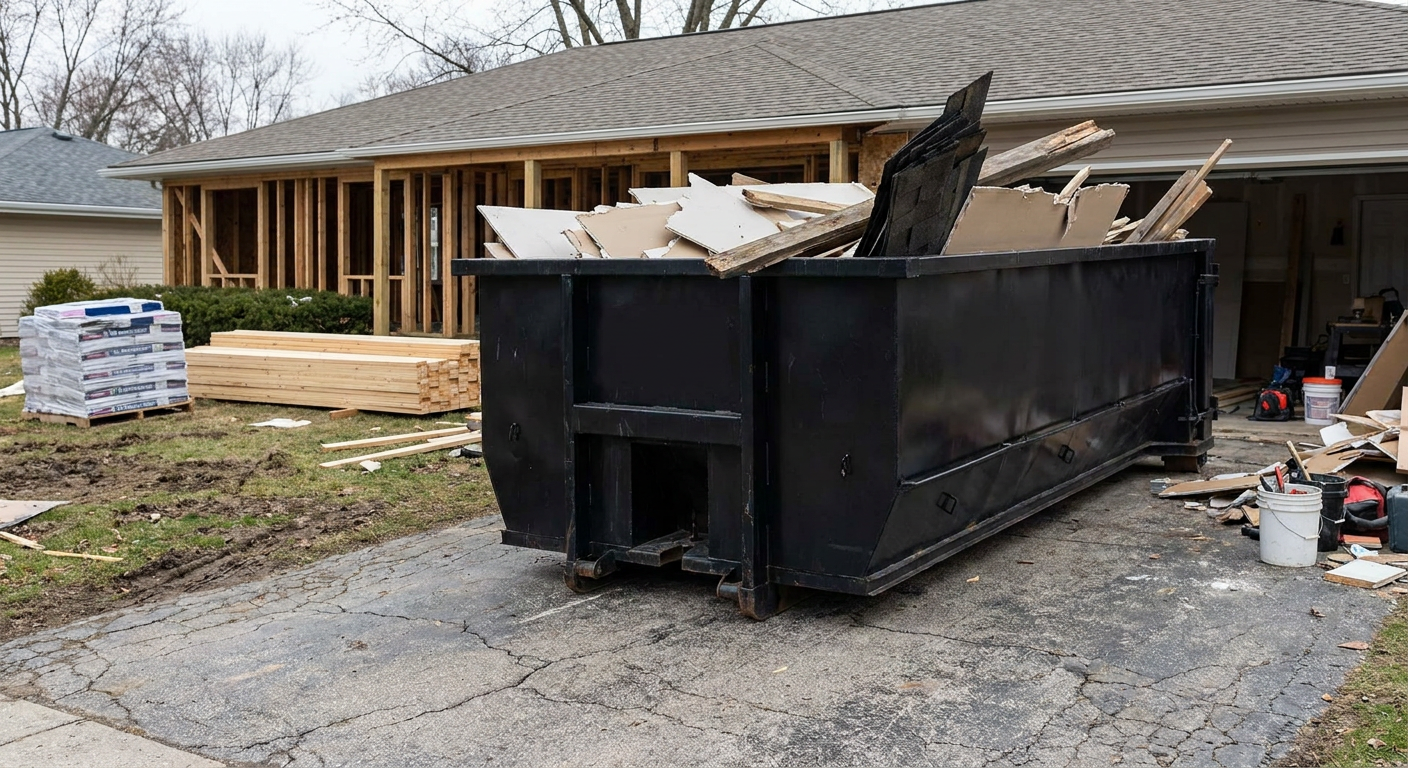 A matte-black 20-yard roll-off dumpster placed alongside a mid-renovation Los Lunas home directly on the asphalt driveway, with framing materials and torn-off shingles staged neatly nearby.