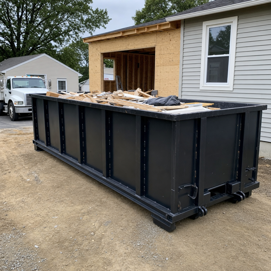A matte-black 30-yard roll-off dumpster positioned at a Los Lunas residential addition jobsite, with framing lumber and drywall scraps loaded through the open swinging rear doors.