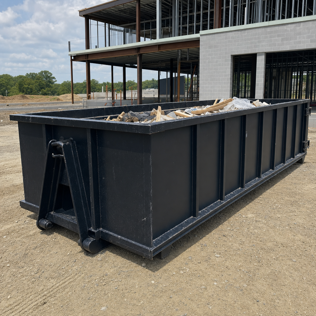 A matte-black 40-yard roll-off dumpster staged on a large Los Lunas commercial construction lot, with a hooklift delivery truck parked alongside under bright midday sky.