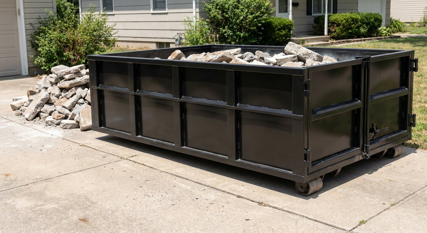 A matte-black low-side heavy-debris roll-off dumpster placed directly on a Los Lunas concrete driveway, with broken concrete chunks neatly stacked beside it under clean daylight.